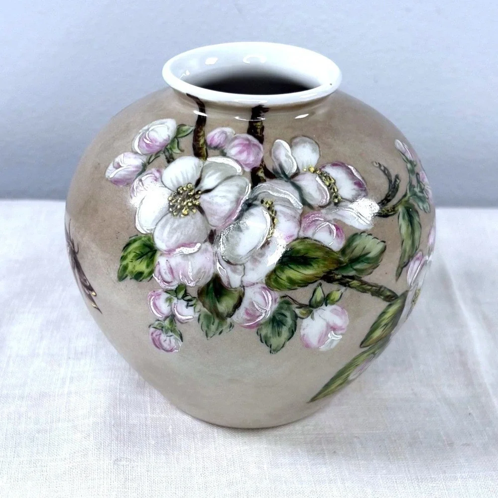 Vintage Thomas Bavaria Hand Painted Floral Moth Porcelain Vase 1934 Germany Tan